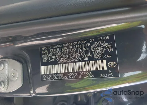 2008 Toyota Yaris из США, поврежденный, VIN JTDBT923X84040148